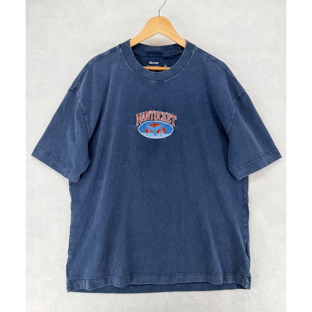 Hollister Mens Heavyweight Boxy Fit L Nantucket Whale Tail Graphic T-Shirt Blue